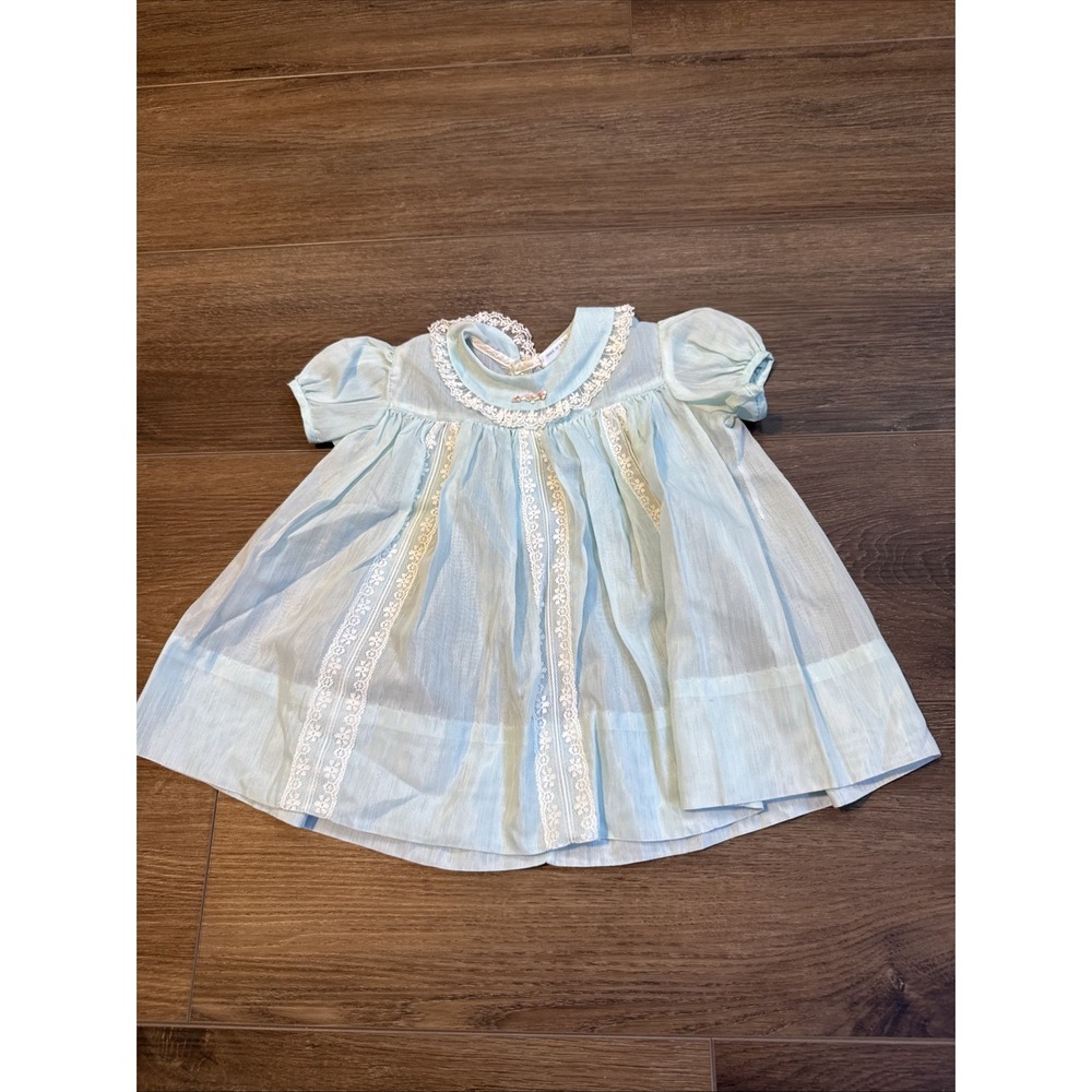 Vintage 1960s Nannette Blue Lace Embroidered Dress 6-12 Month USA